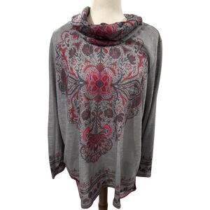 Suzanne Betro Long Sleeve Cowl Neck Gray with Boho Print Tunic Top Size 2X